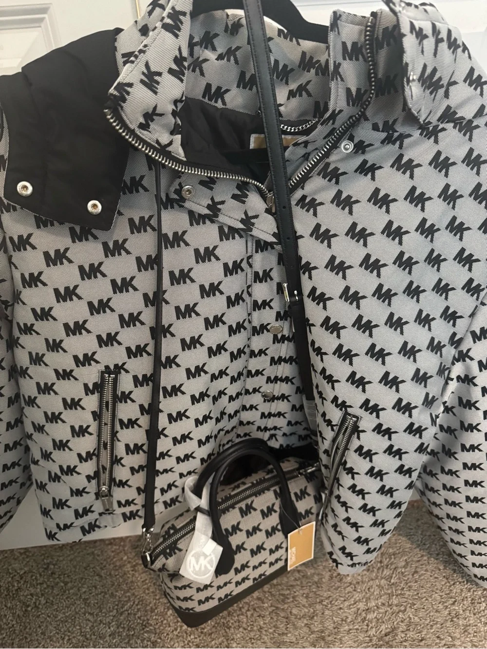 Michael Kors Black and White MK Logo Backpack with Matching Mini Satchel.